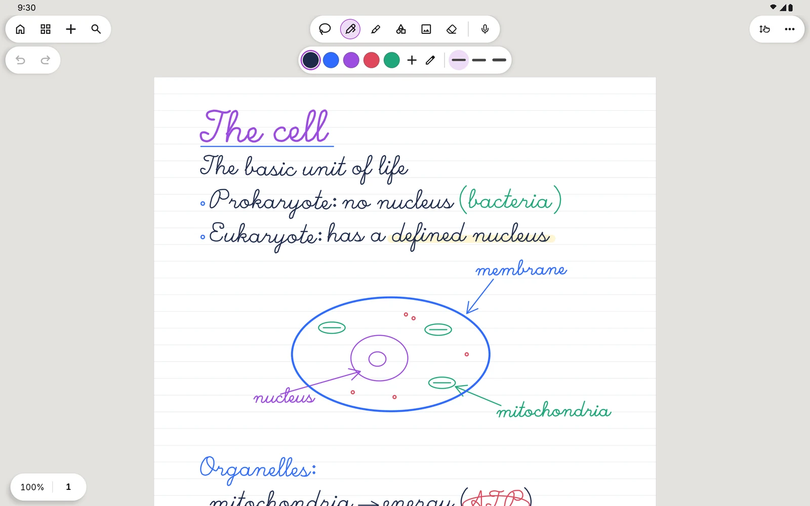 A handwritten biology note in SwiftPen, with a diagram of a cell.