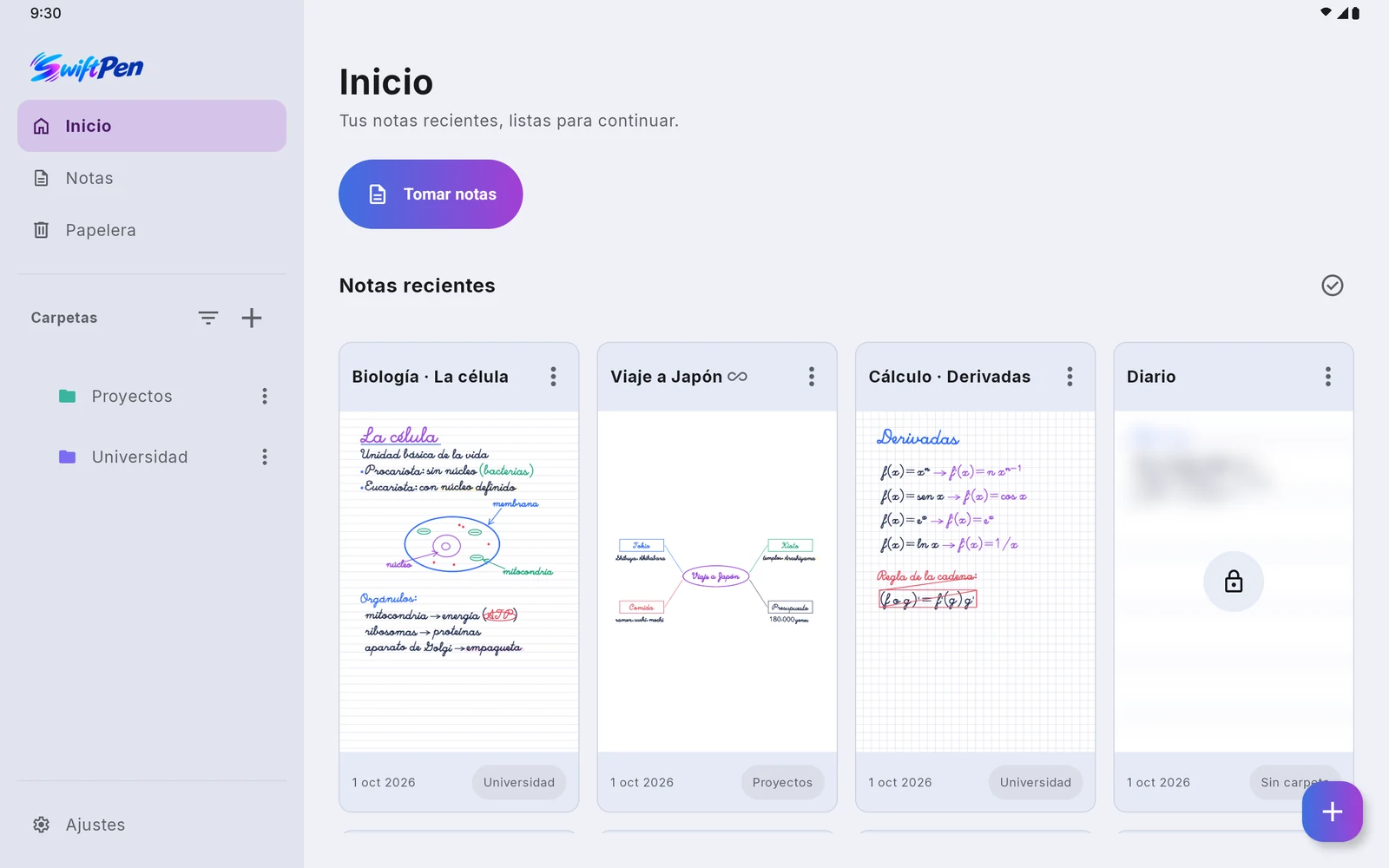 La misma biblioteca de notas en la tableta.